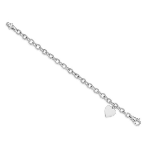 14K White Gold Solid Heart Charm Link Bracelet