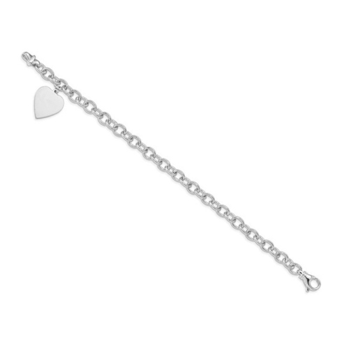 14K White Gold Solid Heart Charm Link Bracelet