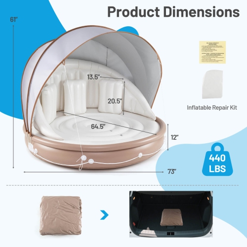 Costway 73" Tanning Pool Lounger Float with Retractable & Removable Canopy SPF50+ White