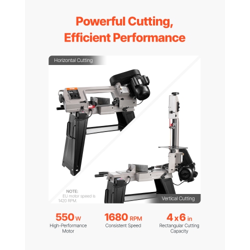 VEVOR 4 in x 6 in Metal Horizontal Band Saw, Rectangular, 110V Metal Vertical Cutting Bandsaw with 550W Motor, 0-45° Angle Adjustment, Variable