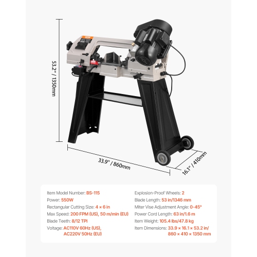 VEVOR 4 in x 6 in Metal Horizontal Band Saw, Rectangular, 110V Metal Vertical Cutting Bandsaw with 550W Motor, 0-45° Angle Adjustment, Variable