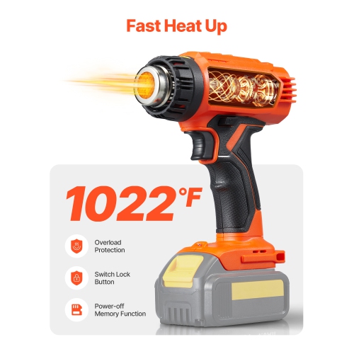 VEVOR 4 Nozzles Cordless Heat Gun,Compatible with DEWALT 20V Lithium Batteries, LCD Display Heat Shrink Gun with LED Light, Multi-Level Temp, for