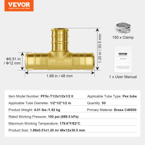VEVOR 1/2" 50PCS Pipe Fittings, Brass Pipe Fittings, Clamp-style Tee Pipe Connector Brass Air Fittings, Heavy Duty Plumbing Fittings Tube Adapter for