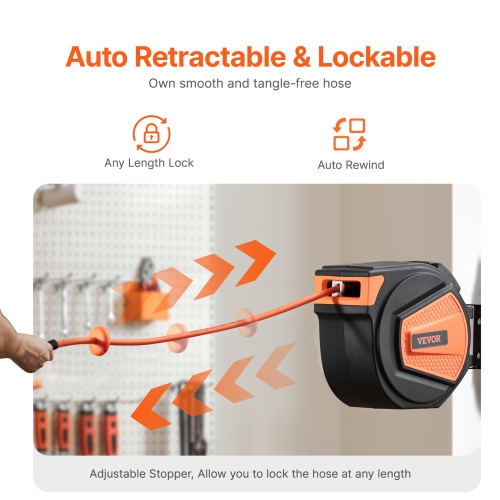 VEVOR 3/8IN x 65FT Retractable Air Hose Reel, Hybrid Air Hose Max 300PSI, Air Compressor Hose Reel Auto-Rewind with 6.6 FT Lead in, Enclosed PP Reel