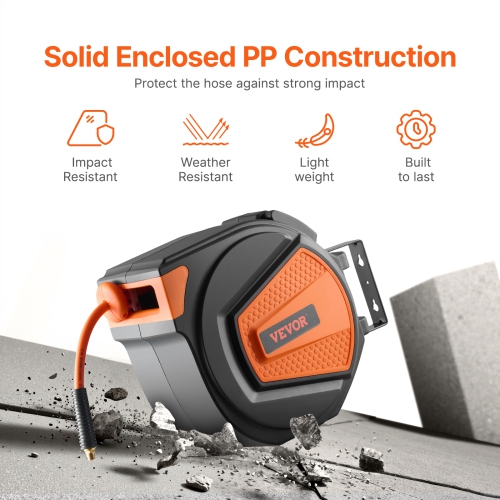 VEVOR 3/8IN x 65FT Retractable Air Hose Reel, Hybrid Air Hose Max 300PSI, Air Compressor Hose Reel Auto-Rewind with 6.6 FT Lead in, Enclosed PP Reel