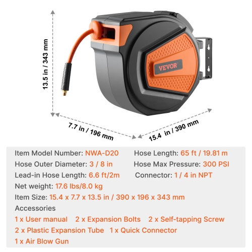 VEVOR 3/8IN x 65FT Retractable Air Hose Reel, Hybrid Air Hose Max 300PSI, Air Compressor Hose Reel Auto-Rewind with 6.6 FT Lead in, Enclosed PP Reel