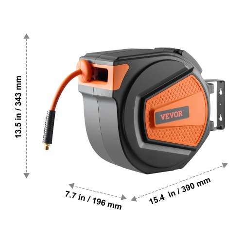 VEVOR 3/8IN x 65FT Retractable Air Hose Reel, Hybrid Air Hose Max 300PSI, Air Compressor Hose Reel Auto-Rewind with 6.6 FT Lead in, Enclosed PP Reel