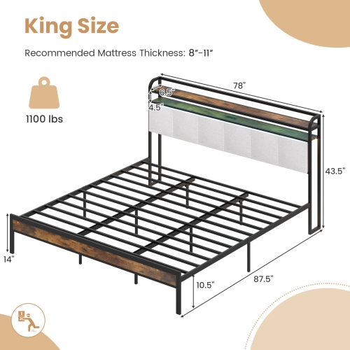 Gymax King Size Bed Frame w/LED Light & Charging Station Heavy Duty Metal Platform Bed