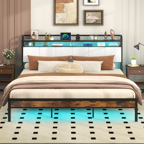 Gymax King Size Bed Frame w/LED Light & Charging Station Heavy Duty Metal Platform Bed