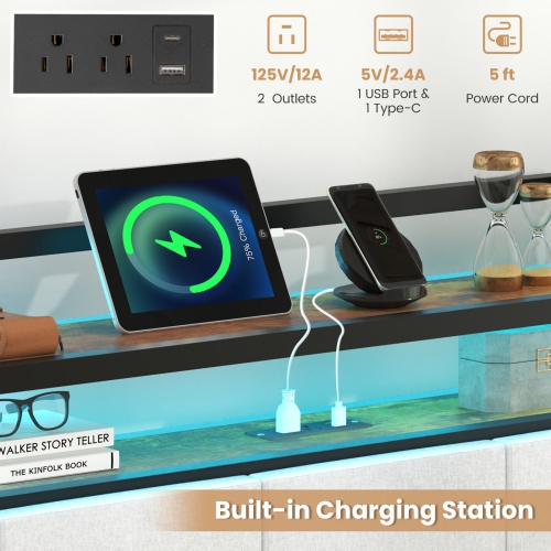 Gymax King Size Bed Frame w/LED Light & Charging Station Heavy Duty Metal Platform Bed