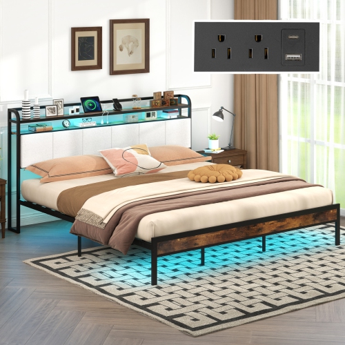 Gymax King Size Bed Frame w/LED Light & Charging Station Heavy Duty Metal Platform Bed