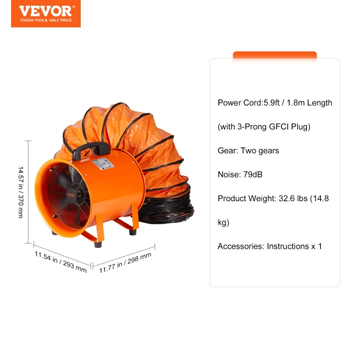 VEVOR 10 inch Portable Ventilator, Heavy Duty Cylinder Fan with 33ft Duct Hose, 350W Strong Shop Exhaust Blower 1948CFM, Industrial Utility Blower