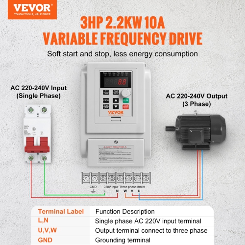 VEVOR 3HP VFD, 2.2KW, 10A, 1 Phase 220V-240V Input to 3 Phase 220V-240V Output Variable Frequency Drive, 0-400Hz VFD for AC Motor Speed Control