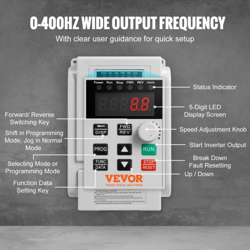 VEVOR 3HP VFD, 2.2KW, 10A, 1 Phase 220V-240V Input to 3 Phase 220V-240V Output Variable Frequency Drive, 0-400Hz VFD for AC Motor Speed Control