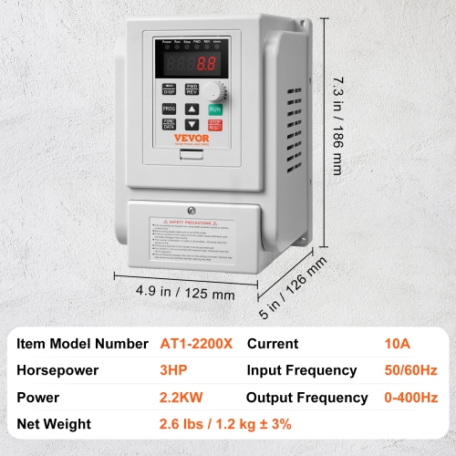 VEVOR 3HP VFD, 2.2KW, 10A, 1 Phase 220V-240V Input to 3 Phase 220V-240V Output Variable Frequency Drive, 0-400Hz VFD for AC Motor Speed Control