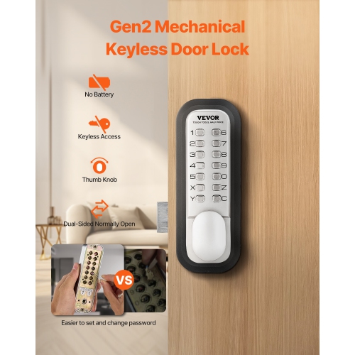 VEVOR Mechanical Keyless Entry Door Lock, 14 Key Mechanical Door Lock, Mechanical Keypad Door Lock with Adjustable Thumb Knob, Single-Side Zinc Alloy