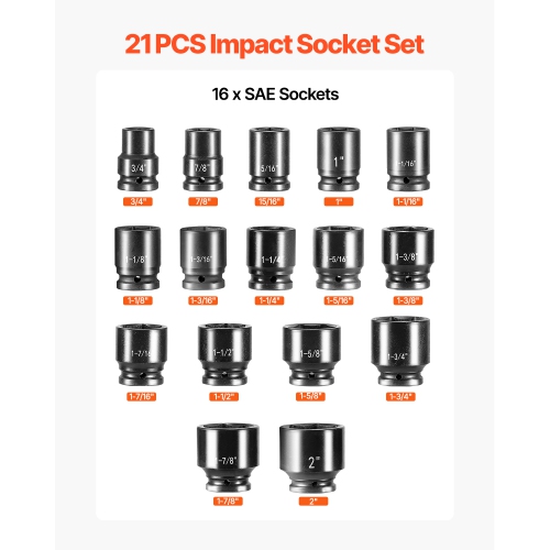 VEVOR 3/4 in Drive Impact Socket Set, 21 Pieces SAE 3/4 in to 2 in, 6 Point Cr-V Alloy Steel, Easy-to-Read Size Markings, Includes Extension Bars,