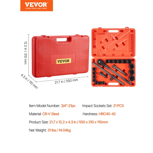 VEVOR 3/4 in Drive Impact Socket Set, 21 Pieces SAE 3/4 in to 2 in, 6 Point Cr-V Alloy Steel, Easy-to-Read Size Markings, Includes Extension Bars,