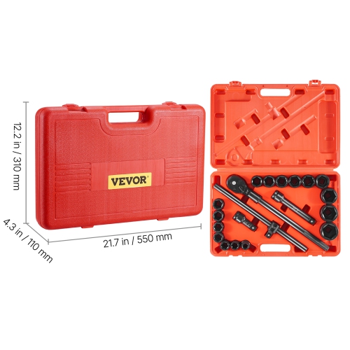 VEVOR 3/4 in Drive Impact Socket Set, 21 Pieces SAE 3/4 in to 2 in, 6 Point Cr-V Alloy Steel, Easy-to-Read Size Markings, Includes Extension Bars,