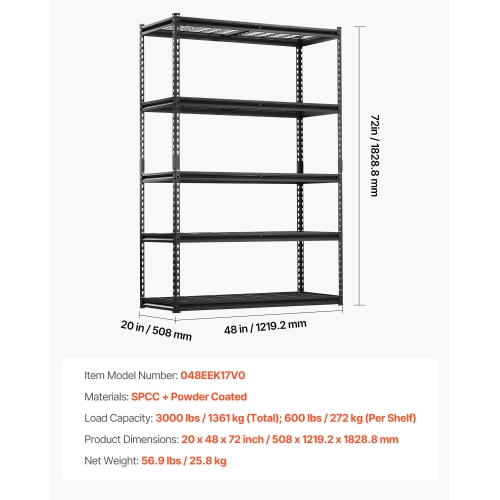 VEVOR 20"D x 48"W x 72"H Storage Shelves, 3000 lbs, 5 Tier Heavy Duty Garage Shelving, Adjustable Metal Shelves for Industrial Shelving Unit Utility