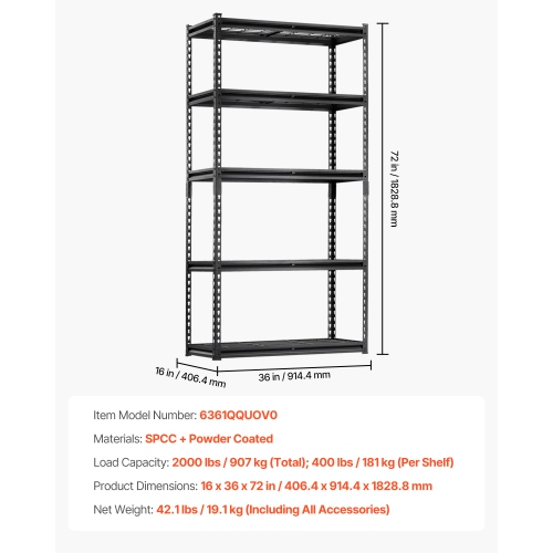 VEVOR 16"D x 36"W x 72"H Storage Shelves, 2000 lbs, 5 Tier Heavy Duty Garage Shelving, Adjustable Metal Shelves for Industrial Shelving Unit Utility