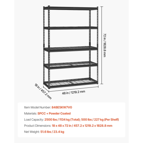 VEVOR 18"D x 48"W x 72"H Storage Shelves, 2500 lbs, 5 Tier Heavy Duty Garage Shelving, Adjustable Metal Shelves for Industrial Shelving Unit Utility
