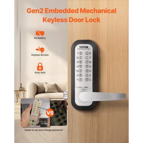 VEVOR Mechanical Keyless Entry Door Lock, 14 Key Mechanical Door Lock, Mechanical Keypad Door Lock with Handle, Stainless Steel Waterproof Keyless