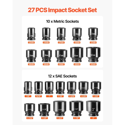 VEVOR 3/4 in Drive Impact Socket Set, 27 Pieces SAE 7/8 in to 2 in and Metric 22 mm to 50 mm, 6 Point Cr-V Alloy Steel, Includes Extension Bars,