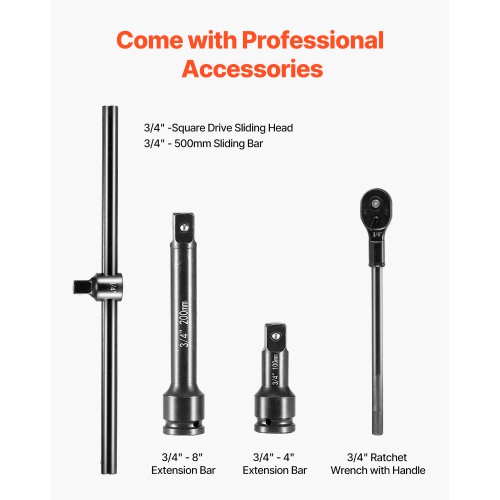 VEVOR 3/4 in Drive Impact Socket Set, 27 Pieces SAE 7/8 in to 2 in and Metric 22 mm to 50 mm, 6 Point Cr-V Alloy Steel, Includes Extension Bars,