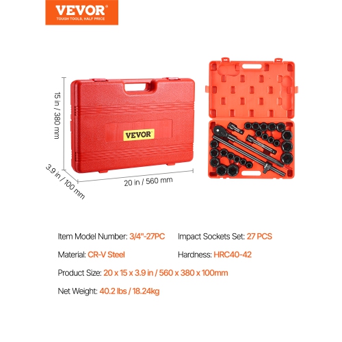 VEVOR 3/4 in Drive Impact Socket Set, 27 Pieces SAE 7/8 in to 2 in and Metric 22 mm to 50 mm, 6 Point Cr-V Alloy Steel, Includes Extension Bars,