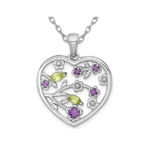 GEM AND HARMONY  1/2 Carat (Ctw) Amethyst And Peridot Flower Heart Pendant Necklace In Sterling With Chain In Silver