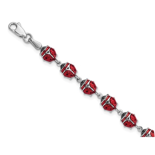 Image 1 of 3.. Sterling Silver Enameled Lady Bug Toggle Charm Bracelet