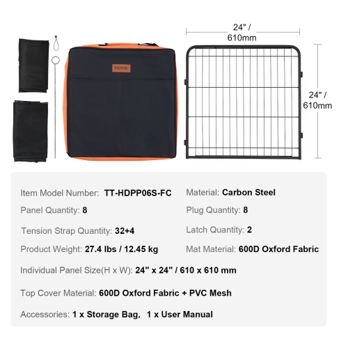 VEVOR 8 Pcs Dog Playpen,24 x 24 in Panels Foldable Metal Pet Exercise Pen,Indoor and Outdoor with Door,Storage Bag, Top Cover and Bottom Pad,for