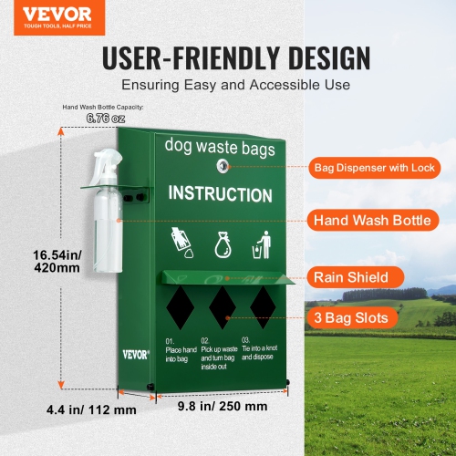 VEVOR 600 Dog Poop Bag Dispenser with Hand Wash Bottle, Lockable Dog Waste Bag Holder, Stake, Pole, Fence & Wall Mounted Dog Poop Bag Storage, Pet