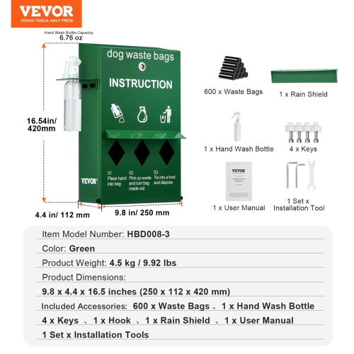 VEVOR 600 Dog Poop Bag Dispenser with Hand Wash Bottle, Lockable Dog Waste Bag Holder, Stake, Pole, Fence & Wall Mounted Dog Poop Bag Storage, Pet