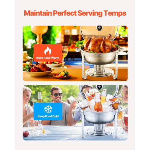 VEVOR 5 Qt Chafing Dish Buffet Set, 2 Pack, Stainless Steel Chafer with 2 Full Size Pan, Round Catering Warmer Server with Glass Lid Water Pan