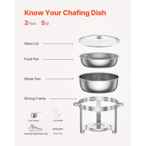 VEVOR 5 Qt Chafing Dish Buffet Set, 2 Pack, Stainless Steel Chafer with 2 Full Size Pan, Round Catering Warmer Server with Glass Lid Water Pan