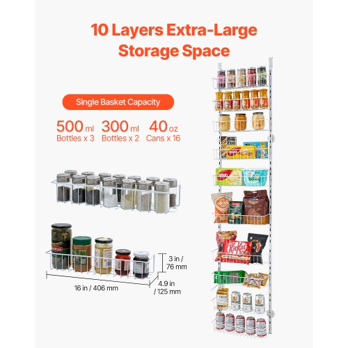 VEVOR 10-Tier Over the Door Pantry Organizer, Pantry Organization and Storage, Heavy-Duty Steel Hanging Spice Rack, Adjustable Wall Seasoning