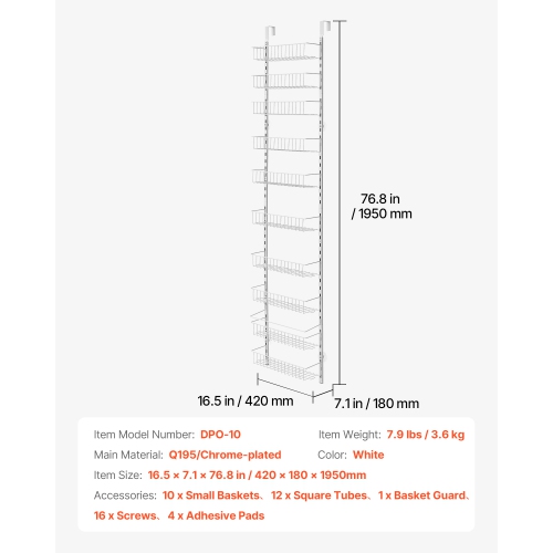 VEVOR 10-Tier Over the Door Pantry Organizer, Pantry Organization and Storage, Heavy-Duty Steel Hanging Spice Rack, Adjustable Wall Seasoning