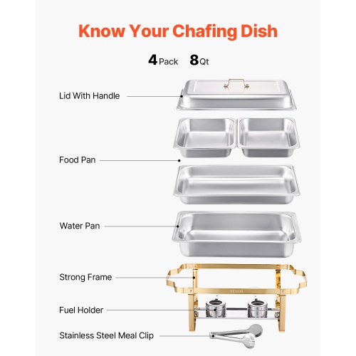 VEVOR 8 Qt Chafing Dish Buffet Set, 4 Pack, Stainless Steel Chafer with 2 Full Size and 4 Half Size Pans, Rectangle Catering Warmer Server with Lid