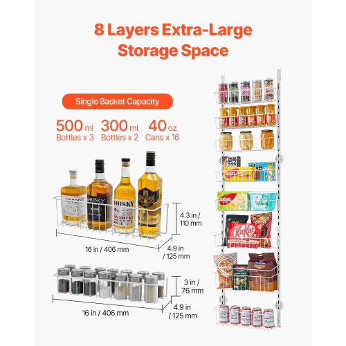VEVOR 8-Tier Over the Door Pantry Organizer, Pantry Organization and Storage, Heavy-Duty Steel Hanging Spice Rack, Adjustable Wall Seasoning Shelves,