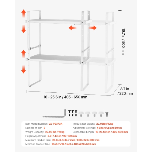 VEVOR Adjustable Kitchen Cabinet Shelf Organizer, Expandable 2 Tier Cabinet Shelf, Stackable Countertop Organizers and Storage Shelf Risers, Pantry