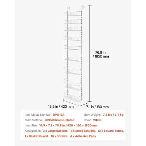 VEVOR 9-Tier Over the Door Pantry Organizer, Pantry Organization and Storage, Heavy-Duty Steel Hanging Spice Rack, Adjustable Wall Seasoning Shelves,