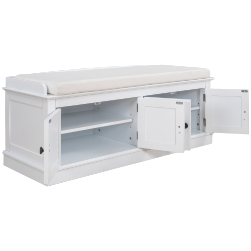 Kepooman Storage Bench with 4 Doors and Adjustable Shelves, Shoe Bench with Removable Cushion for Living Room - White