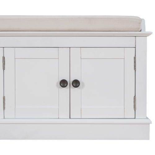 Kepooman Storage Bench with 4 Doors and Adjustable Shelves, Shoe Bench with Removable Cushion for Living Room - White