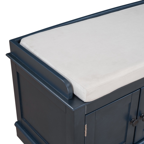 Kepooman Storage Bench with 4 Doors and Adjustable Shelves, Shoe Bench with Removable Cushion for Living Room - Navy
