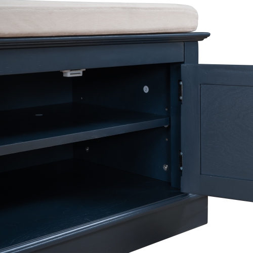 Kepooman Storage Bench with 4 Doors and Adjustable Shelves, Shoe Bench with Removable Cushion for Living Room - Navy