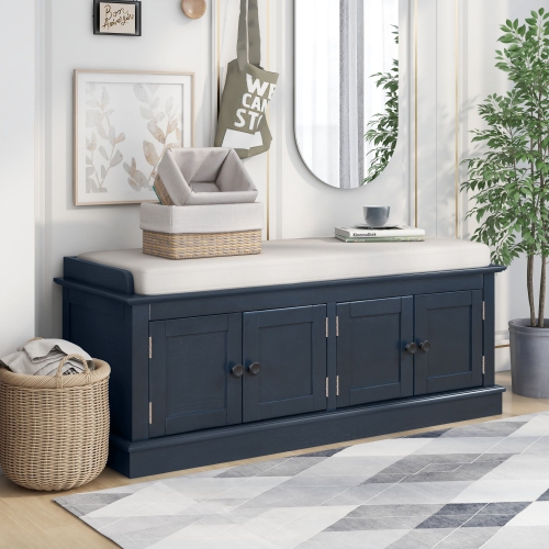 Kepooman Storage Bench with 4 Doors and Adjustable Shelves, Shoe Bench with Removable Cushion for Living Room - Navy