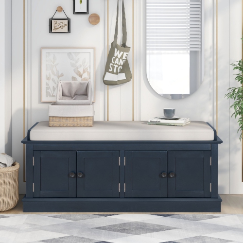 Kepooman Storage Bench with 4 Doors and Adjustable Shelves, Shoe Bench with Removable Cushion for Living Room - Navy