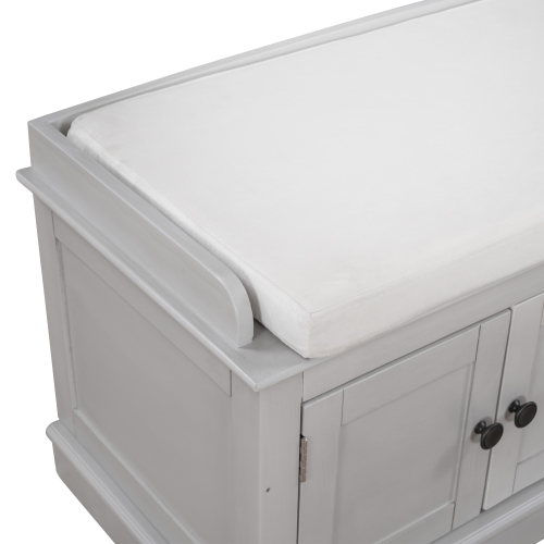 Kepooman Storage Bench with 4 Doors and Adjustable Shelves, Shoe Bench with Removable Cushion for Living Room - Gray